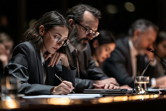 Focused business professionals taking notes and listening attentively at a formal conference table