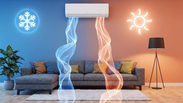 Split air conditioner unit blowing cool and hot air streams in a living room interior dynamic motion display.