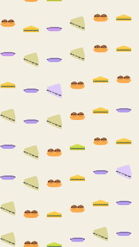 Cute food illustrations pattern with sandwiches and pastries