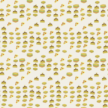 Food pattern with sandwiches, pizza, and pastries
