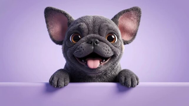 Adorable cartoon french bulldog puppy peeking over purple surface with expressive face changes from grumpy to happy then sleepy in animation.