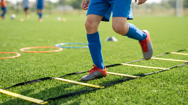 Young Athlete Stepping Through Agility Ladder During Soccer Football Training Practice