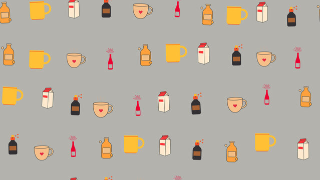 Seamless pattern of cups, milk cartons, and bottles