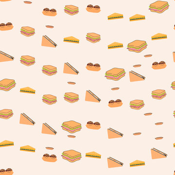 Seamless pattern of sandwiches, hot dogs, and cute pastries