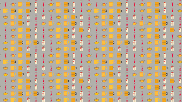 Seamless pattern of teapots, mugs, and milk cartons