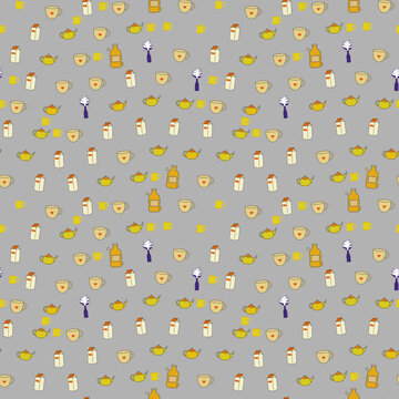 Seamless pattern with teapots, cups, and milk cartons