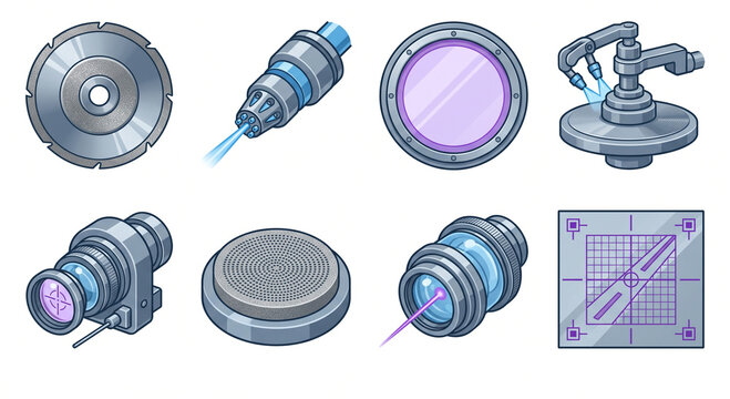Isolated JPG illustration of a semiconductor wafer dicing and packaging icon pack, featuring diamond dicing blades, stealth laser lenses, and vacuum chucks.