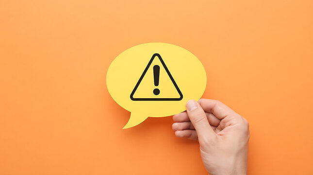 Hand holding a yellow speech bubble paper cutout with an exclamation warning sign