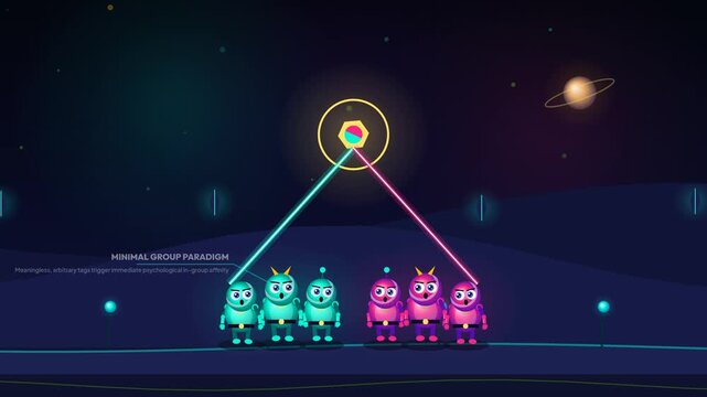 Educational animation of social tribalism psychology explaining minimal group paradigm, in-group favoritism, out-group homogeneity, echo chamber polarization, and superordinate common identity