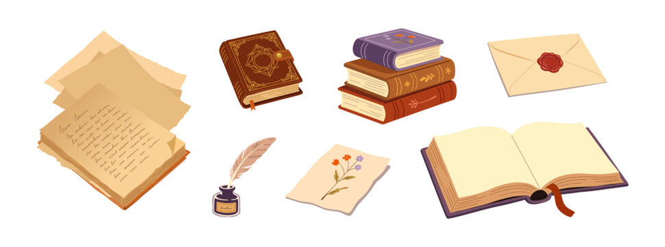 Flat Cartoon Vintage Writing and Reading Essentials Set, Books, Letters, Quill, Paper and Botanical Art