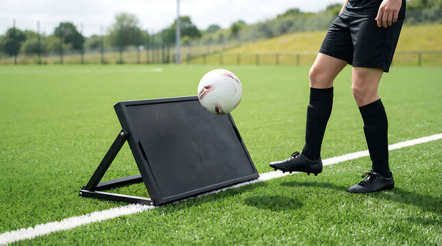 Soccer Player Practicing Skills With A Rebound Training Board On A Green Turf Field Outdoors