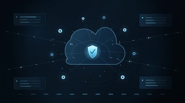 Digital cloud security interface with glowing shield and data nodes