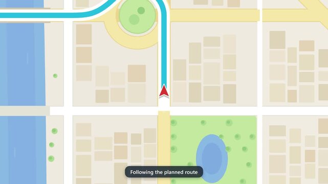 Animated GPS navigation map recalculates route when road closes ahead in city. Dashed detour path, barrier icon, and red pin mark new way to destination. Flat design for travel and traffic apps.