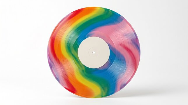 Rainbow multicolor vinyl record with blank white label, swirling colorful pigment and fine grooves on a clean white background