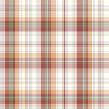A classic plaid pattern featuring crisscrossing vertical and horizontal lines in warm shades of rust, orange, muted red, soft blue, and cream.