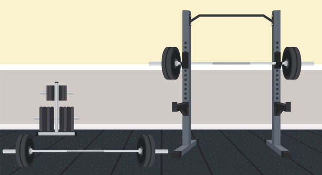 home gym fitness studio heavy duty squat rack with a loaded barbell, pull up bar, an additional barbell resting on rubber flooring, and a weight plate storage tree