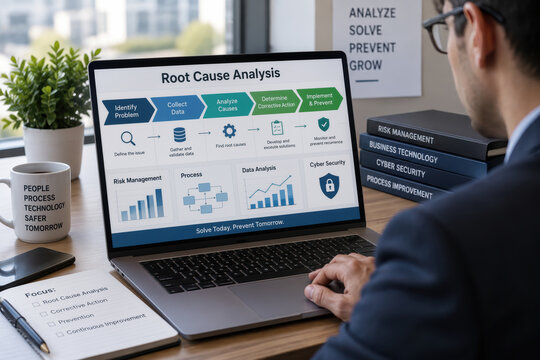 Root cause analysis workflow on laptop screen with business professional reviewing risk management, data analysis, corrective action planning and cyber security process improvement
