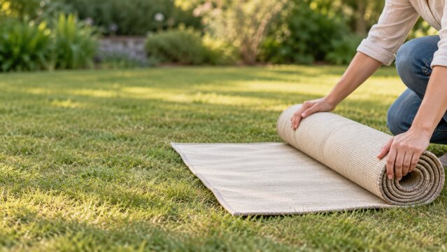 Hand unrolling a plain outdoor mat on garden grass