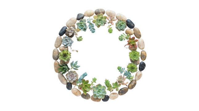 Circular wreath made of small green succulent plants and smooth natural pebbles arranged in a circle frame