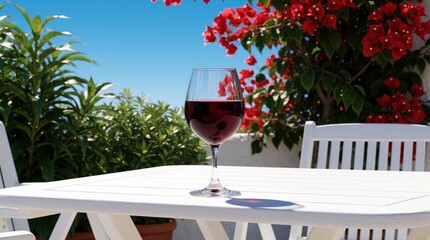 Fototapeta premium Red wine glass sits on white outdoor table at elegant terrace. Bright red flowers, green plants decorate balcony under blue sky. Summer vacation lifestyle with luxury dining, relaxation concept in