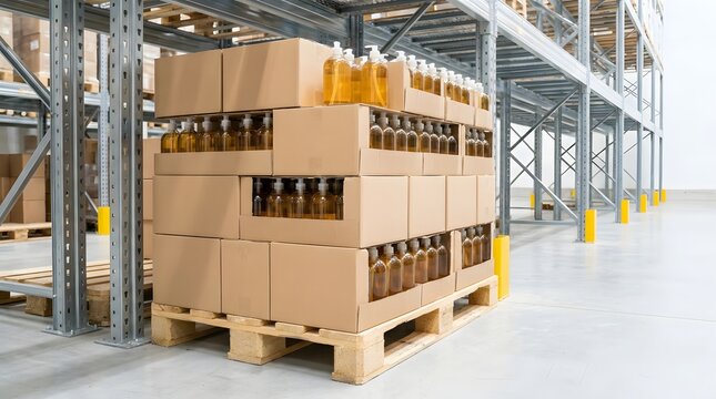 Stacked Cardboard Boxes with Brown Glass Bottles on Wooden Pallet in Warehouse