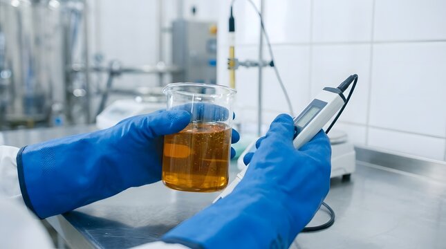 Laboratory Technician Measuring Temperature of Amber Liquid in Glass Beaker