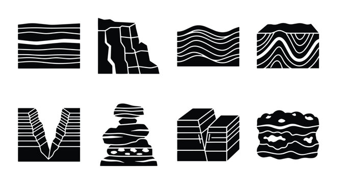 Geological strata icons set with layers, rock formations, cliffs, and sedimentary rock for science and earth science
