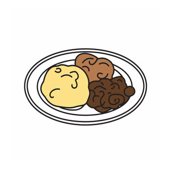 Hand-drawn vector illustration of mashed potatoes with gravy and meat on a plate 