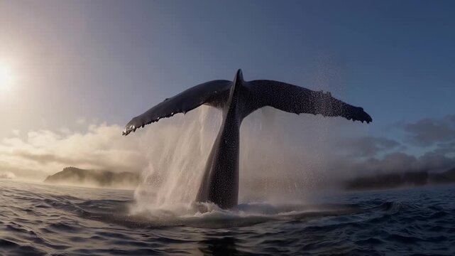 Humpback whale tail rising at sunset, powerful fluke breach sending spray into golden light, dramatic silhouette over choppy ocean, distant horizon glowing, intense splash and droplets, cinematic.