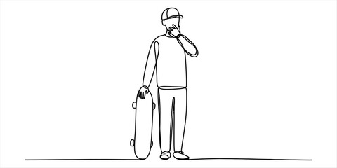 Continuous single line drawing of a young man standing and holding a skateboard wearing a baseball cap © Khitish
