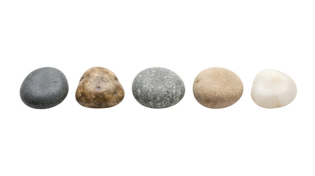 Five different smooth river stones arranged in a horizontal row on a flat surface