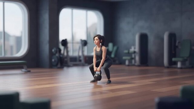 3D Stylized Woman Performing Kettlebell Swing Exercise for Core Strength and Functional Fitness Training Concept in Gym