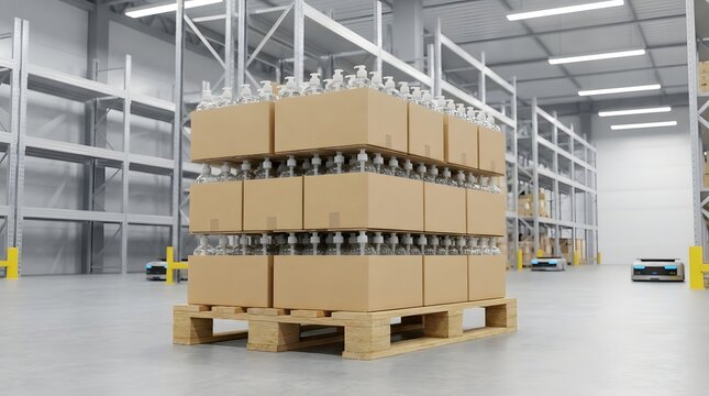 Stacked Cardboard Boxes with Glass Bottles on Wooden Pallet in Modern Warehouse