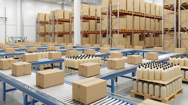 Warehouse Roller Conveyor System with Cardboard Boxes and Bottle Packs in Distribution Center