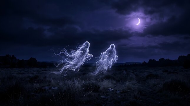 Eerie halloween night two ghostly figures emerging from the darkness under a full moon's glow
