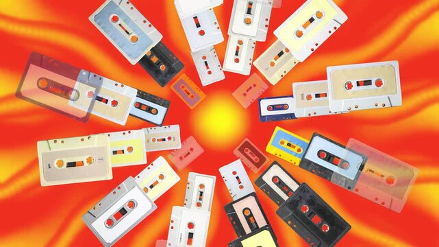 Vintage cassette tapes spiral through a glowing tunnel toward radiant sun rays on swirling red backdrop. Psychedelic retro vortex motion for music visuals, party screens, and nostalgic designs.