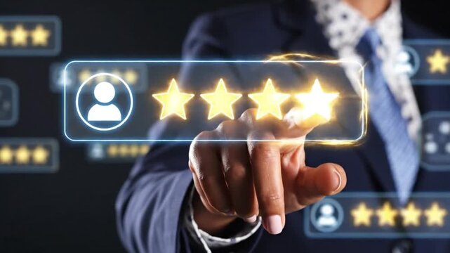 Businessman's finger selects stars on virtual customer feedback rating screen for business review and service evaluation, dynamic motion.