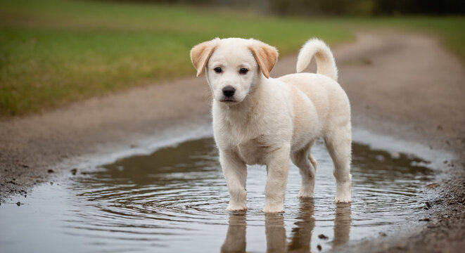 Cute puppy standing in puddle after rain outdoors with reflection
