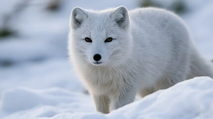 Fototapeta premium A white fox stands alert in a snowy landscape its fur blending with the winter environment under soft daylight