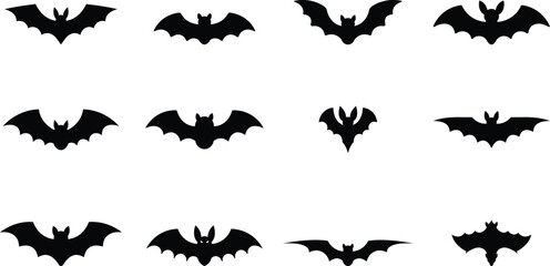 Fototapeta premium Halloween Set of black bat silhouettes in various flying and hanging poses isolated vector illustration Halloween