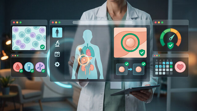 Advanced oncology examination, physician planning cancer treatment, monitoring benign tumor and cellular health.
