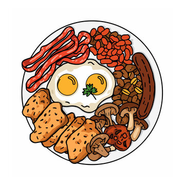 Hand-drawn vector illustration of a full English breakfast plate with eggs, bacon, sausage, beans, mushrooms, and toast 