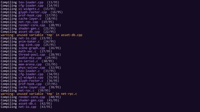 Terminal screen recording of compiler build output with progress percentages and orange warnings on dark display, ending at succeeded. Developer aesthetic for programming and software themes.