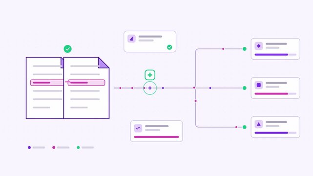 Seamless 4K looping animation showing a duplicate detection document comparison presented as a converging flow. Flat vector icons, UI cards and animated connector lines move across a clean light backg