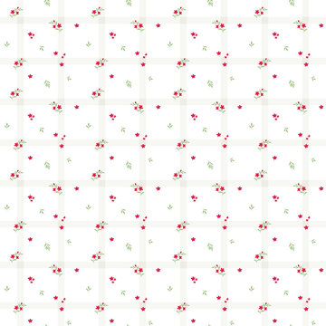 Charming red micro floral seamless pattern on soft green plaid grid background for rustic summer textiles, wallpaper, fabric print