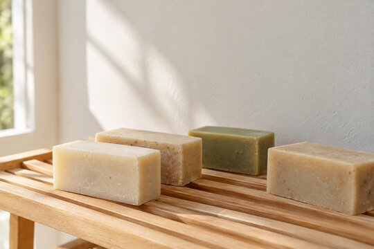 Plain handmade soap bars drying on a wooden slatted rack