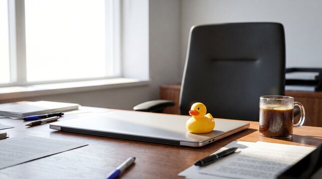 Yellow Rubber Duck Facing an Empty Office Chair on a Desk, Rubber Duck Debugging Concept