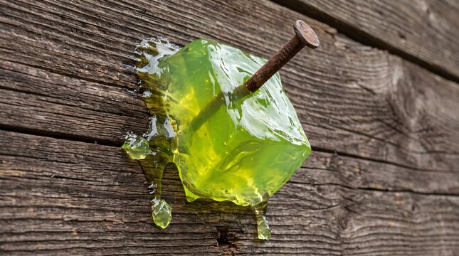 Nailing Jelly to the Wall, Wobbly Green Jelly Block Pinned by a Rusty Nail to Rough Planks