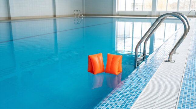 Out of Your Depth: Two Orange Child Armbands Floating Alone in an Indoor Swimming Pool