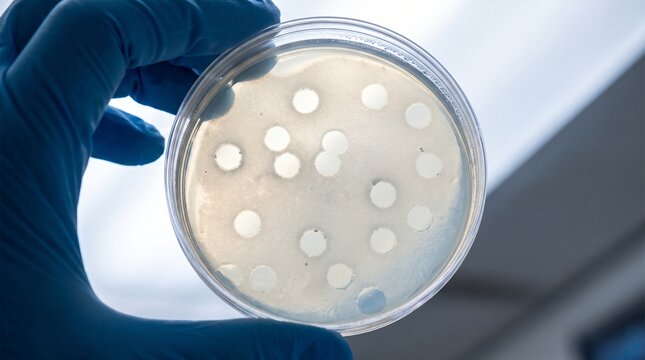 Gloved Hand Holding Petri Dish Of Cloudy Bacterial Lawn With Clear Circular Plaques For Phage Therapy